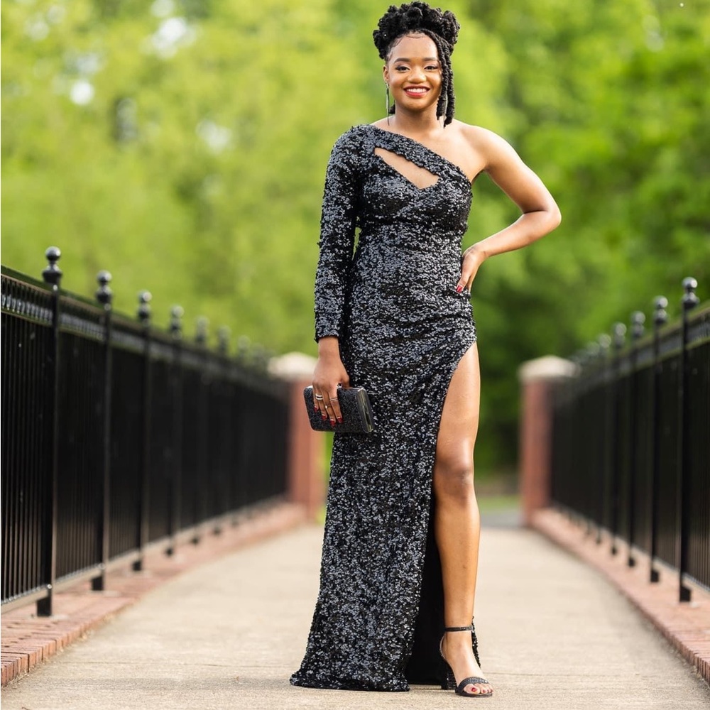 Black Sequin High Split Prom Dress